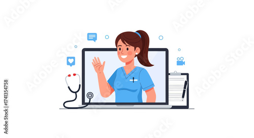 Friendly Nurse Appears on Laptop Screen for Telehealth Consultation.