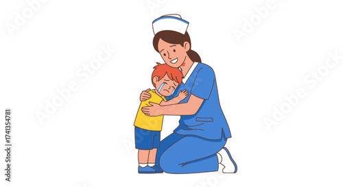 Caring Cartoon Nurse in Blue Scrubs Comforting a Young Boy.