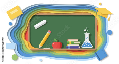 School Blackboard with Chalk Pencil Apple Books Flask and Graduation Cap.