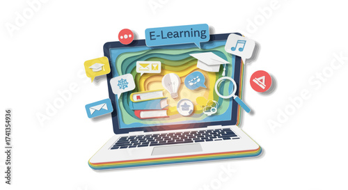 Schilderij op canvas Colorful Laptop Displaying E-Learning Concepts and Icons.