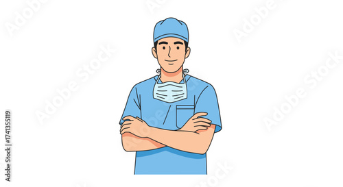 Cartoon Illustration of a Surgeon with Arms Crossed Ready.