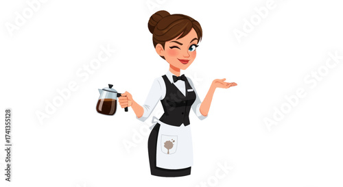 Cheerful Waitress Holding a Coffee Pot with a Friendly Gesture.