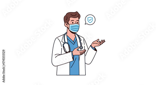 Cartoon Doctor with Mask Explaining Medical Information.