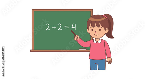 Cartoon girl pointing to a chalkboard with a simple math equation 224.