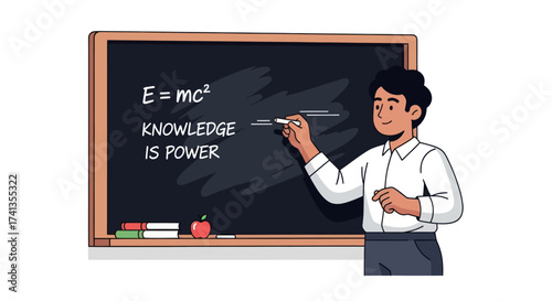 Cartoon Teacher Writing Physics Equation on Chalkboard.