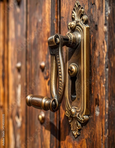 Ornate antique door handle on weathered wood