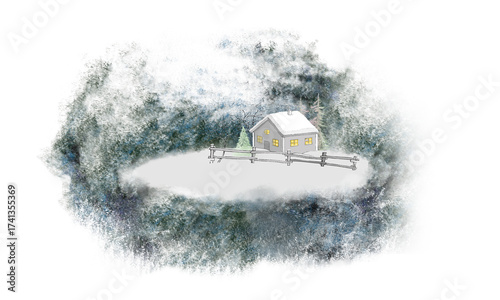 Winter, Christmas card. A house with glowing windows, snow-covered fir trees, snowdrifts on a dark background.