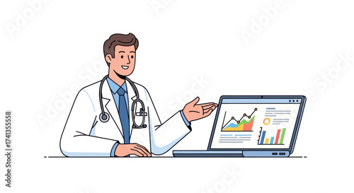 Professional male doctor cartoon presenting healthcare data on laptop.