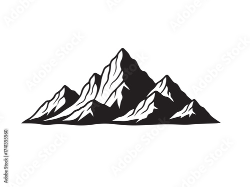 Majestic mountain range silhouette isolated on white background, showcasing rugged peaks and valleys, perfect for outdoor adventure and naturethemed designs and backgrounds