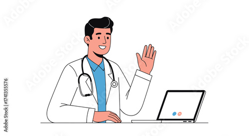 Friendly Doctor Waving and Using Laptop for Telemedicine Consultation.
