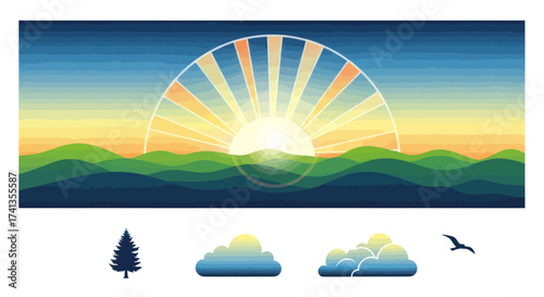 Radiant Sunrise Over Rolling Green Hills with Stylized Sun and Clouds.