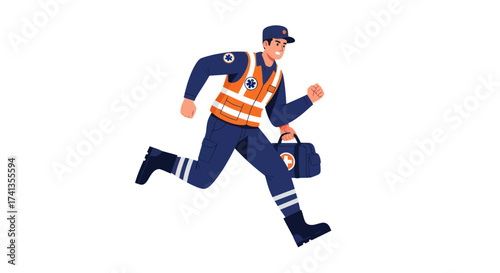 Running Emergency Worker in Safety Vest Carrying Bag.