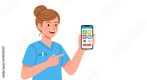Smiling Nurse Holding Smartphone Displaying App Icons Pointing with Finger.