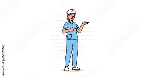 A friendly cartoon female nurse in blue scrubs and a white cap smiling and gesturing.