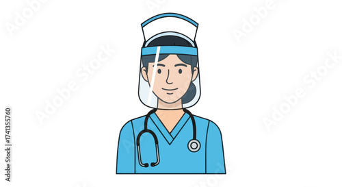 Cartoon illustration of a medical professional wearing a face shield and stethoscope.