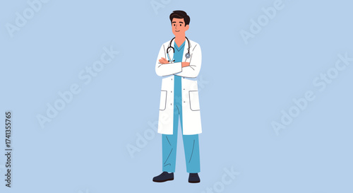 Confident Male Doctor in White Lab Coat with Stethoscope.