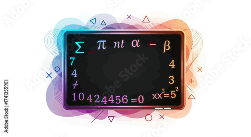 Chalkboard with complex mathematical equations and numbers framed by a vibrant abstract border.