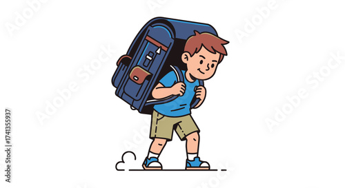 Young boy struggling to carry an oversized heavy backpack.