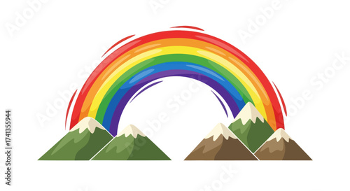 Colorful Rainbow Arching Over Mountain Peaks Illustration.