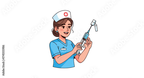 Friendly cartoon nurse in a blue uniform preparing a syringe for an injection.