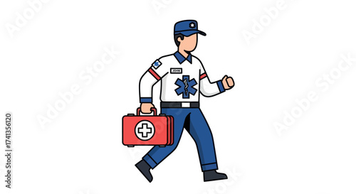 Cartoon Paramedic Running with First Aid Kit.