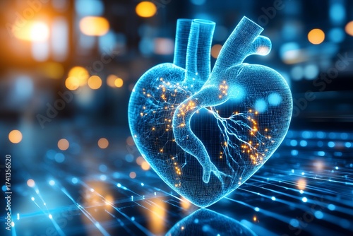 Futuristic glowing digital heart hologram with neural connections medical technology innovation healthcare cardiology artificial intelligence concept
