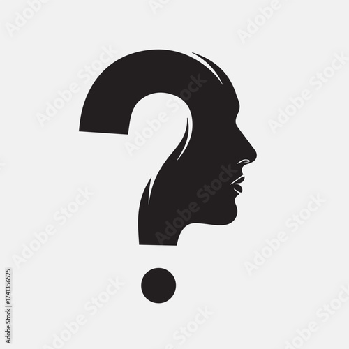 Silhouette of a human head forming a question mark, isolated on white background the design is simple, modern, and conveys a sense of inquiry and introspection