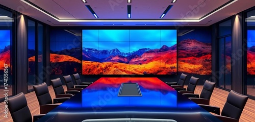 Sleek minimalist conference room with large screen, modern furniture,  business,  tech