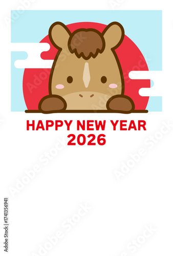 午年の年賀状、馬と初日の出、2026 年賀状テンプレート