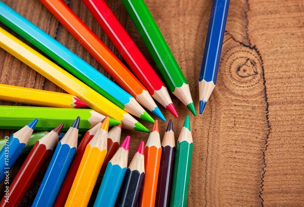 Fototapeta premium Vibrant colored pencils arranged artfully on a wooden surface, desk, illustration