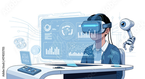 Man in VR Headset Interacting with Futuristic Virtual Reality Interface and Robotic Arm.