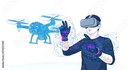 Man wearing VR headset controlling a drone with hand gestures in virtual reality.