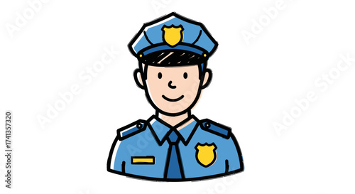 Cartoon Policeman Illustration with Blue Uniform and Badge.