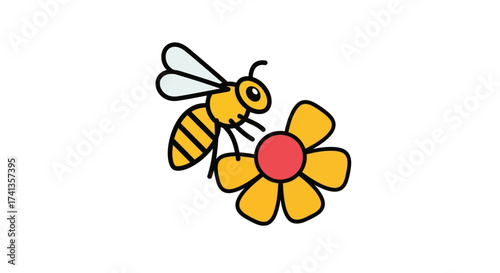Adorable cartoon bee collecting nectar from a vibrant yellow flower.