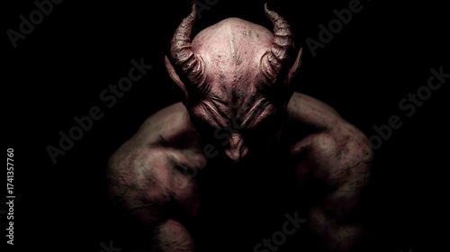 a demon standing alone in darkness with terrifying gaze and unapproachable energy