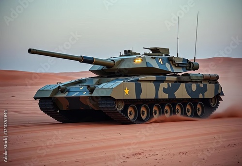 Modern military tank rolling on desert terrain, force, armament