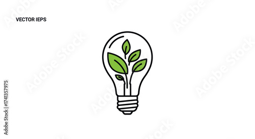 Eco-friendly light bulb with green plant leaves symbolizing sustainable energy and growth.