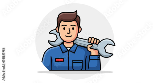 Cartoon Mechanic Holding a Large Wrench on Shoulder.