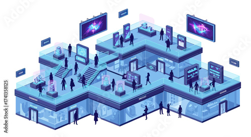 Futuristic Technology Exhibition Hall with Visitors and Displays.