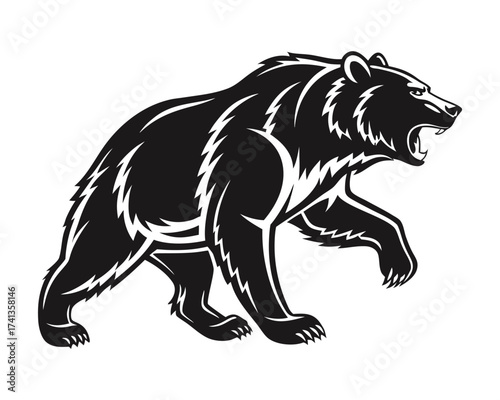 A powerful black silhouette of a grizzly bear in motion, with its mouth open in a roar, showcasing its fierce nature
