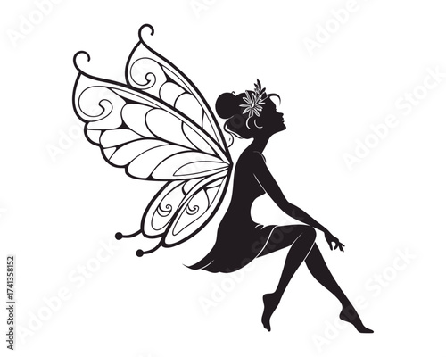 A black silhouette of a graceful fairy with intricate, patterned wings sits elegantly, looking upwards with a crown on her head