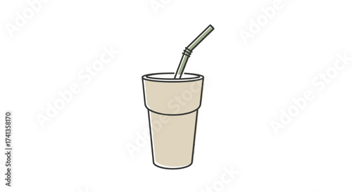 Simple illustration of a tall glass filled with a light-colored beverage and a straw.