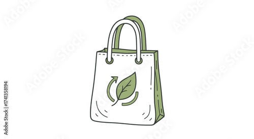 Hand-drawn reusable eco-friendly shopping bag with leaf recycling symbol.