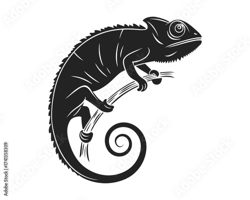 A detailed black silhouette of a chameleon perched on a branch, its tail curled. The image has a linocut or woodcut style