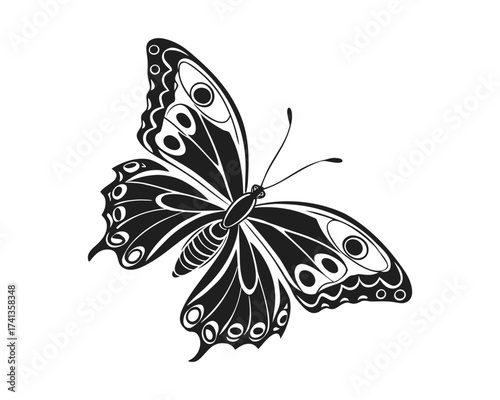 A striking black and white illustration of a butterfly in flight, showcasing intricate patterns and delicate details on its wings