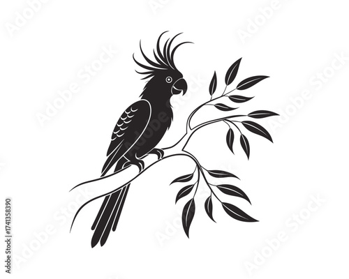 A striking black silhouette of a cockatoo with a prominent crest, perched on a leafy branch against a white background