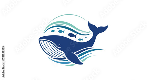 Stylized Blue Whale with Fish and Waves in a Circular Design.