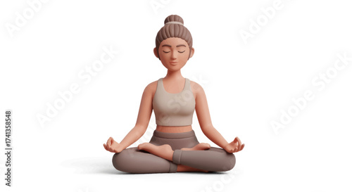 Serene 3D cartoon woman meditating in lotus pose with eyes closed.