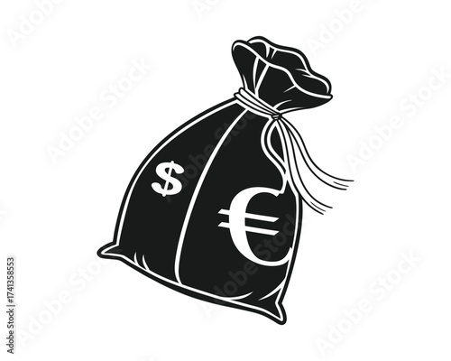 A black and white illustration of a drawstring bag filled with money, featuring both dollar and euro currency symbols