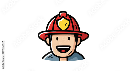 Cheerful Cartoon Firefighter Wearing a Red Helmet with Emblem.